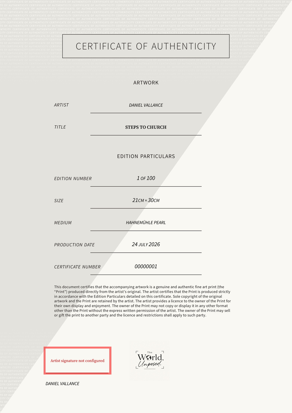 Steps To Church — Certificate of Authenticity